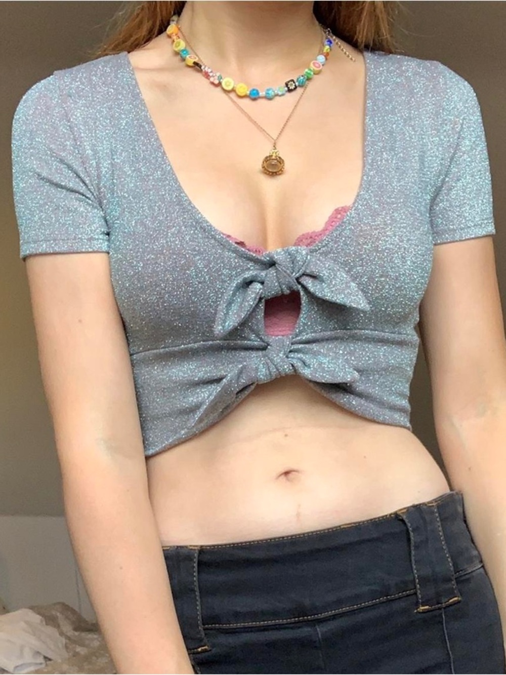 Topshop Sparkly Tie Up Crop Top